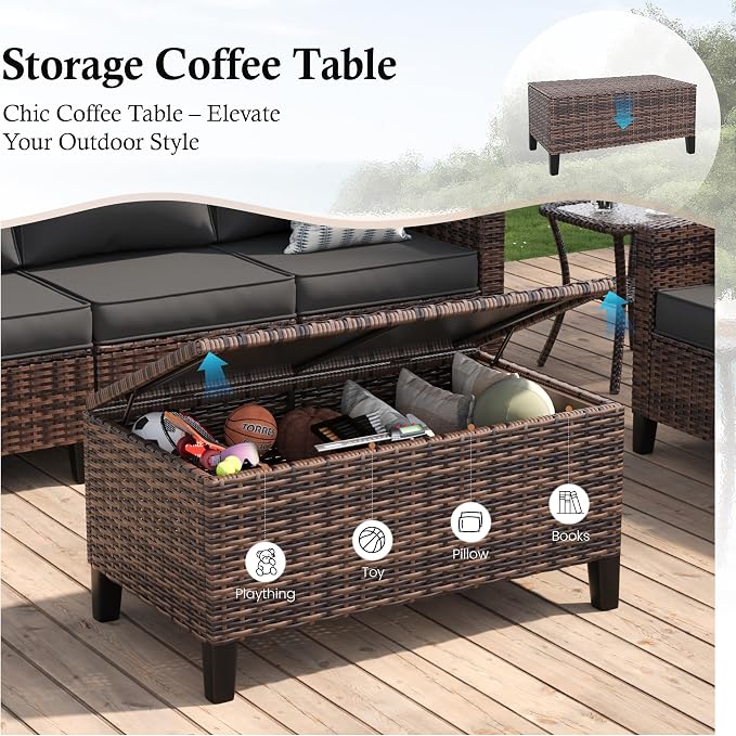 Amopatio Patio Furniture Set, Wicker Outdoor Sectional Sofa with Swivel Rocker Chairs, All-Weather Rattan Conversation Set, Storage Coffee Table, Waterproof Cover for Backyard, Deck Brown/Grey 6 PCS