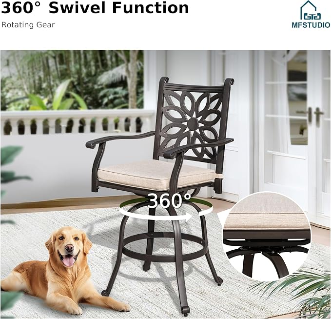 MFSTUDIO Bar Height Patio Table and Chairs, 7 Pieces Cast Aluminum Outdoor Dining Set for 6, High Top Outdoor Bar Set, 54" Round Patio Bar Table with Chairs