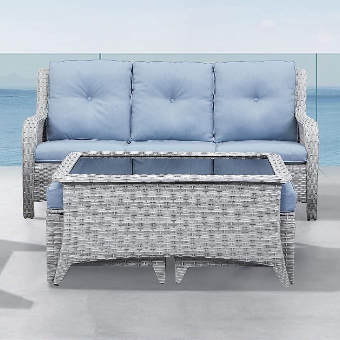 Belord Modern Light Grey Wicker Patio Coffee Table, Rectangular Glass Top, 1 PC - Coffee Table (A077)