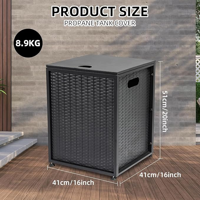 20 LB Propane Tank Hideaway Table with Side Handles，Sturdy 16 Inch Propane Tank Holder with Adjustable Foot Pads，Outdoor Gas Tank Cover for Patio, Deck & Backyard（Black）