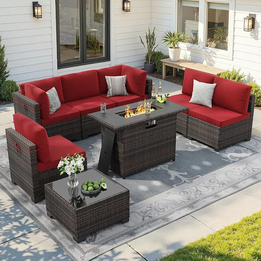 Soohow 8 Piece Patio Furniture Set with 44" Fire Pit Table, Outdoor Sectional Wicker Rattan Conversation Set for Garden, Porch, Backyard - Wine Cushions