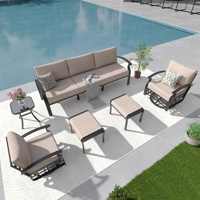 Aluminum Outdoor Patio Furniture Set,5 Seats Patio Conversation Sets with 2 Ottomans,Metal Patio Sectional Furniture Set with 2 Swivel Rocking Chairs, Sand