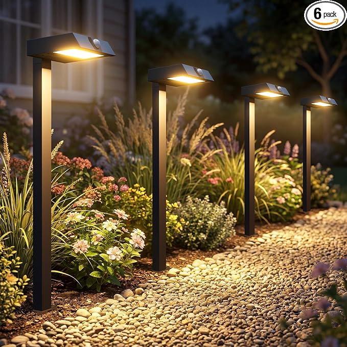 XMCOSY+ Solar Pathway Lights with Motion Sensor 6 Pack, 300LM Solar Lights | IP65 waterprppf, 3 modes landscape lighting for garden, backyard, outside, path, all-metal housing (warm/cool white)