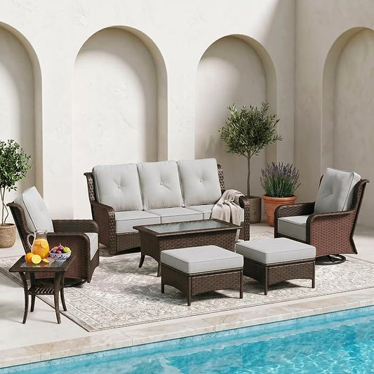 Sundale Outdoor 7 Piece Wicker Patio Furniture Set, High Back Outdoor Couch with Swivel Chairs, Ottoman & Coffee Table, 6" Thick Cushion Patio Conversation Sets with Deep Seating for Yard, Deck (Grey)