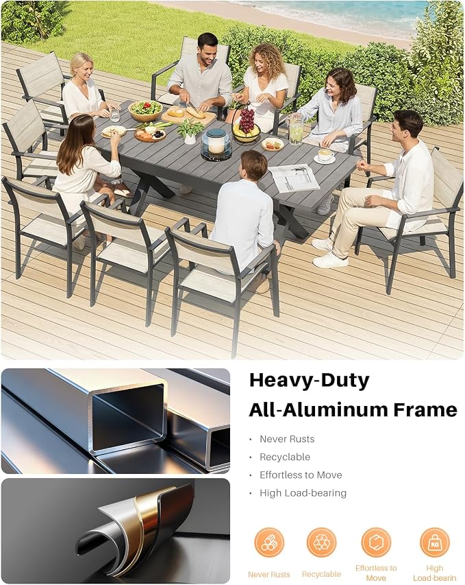 9 Pieces Expandable Outdoor Dining Set, 8 Stackable Double-Layer Textilene Chairs and 63''-83'' Expandable Patio Dining Table, Never-Rust Aluminum Patio Dining Set for Garden, Deck, Limed Oak