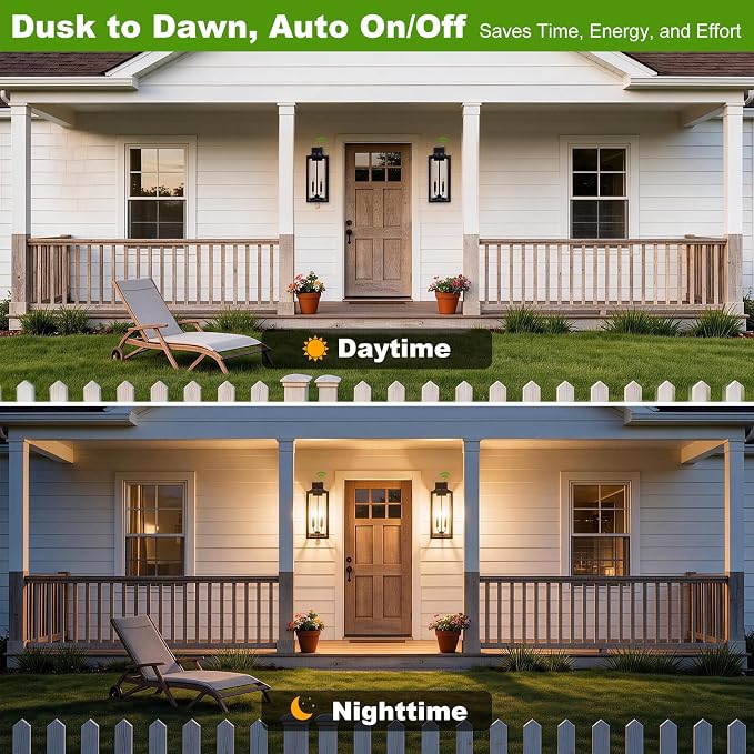 Extra Large 24 Inch Outdoor Wall Lights, Dusk to Dawn Sensor, Black, 2-Pack | IP65 Waterproof, Anti Rust, Tempered Glass, E12, 2-light, Weather-Resistant, Modern, Outside, Porch, Garage and Entryway