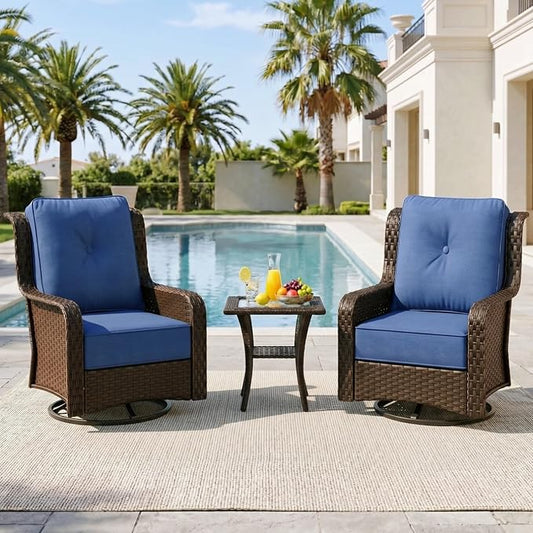 Sundale Outdoor 3 Piece Patio Furniture Set with Side Table, Wicker Outdoor Swivel Chairs with 6" Cushions, High Back Rattan Patio Conversation Sets with Deep Seating for Porch, Yard (Blue)