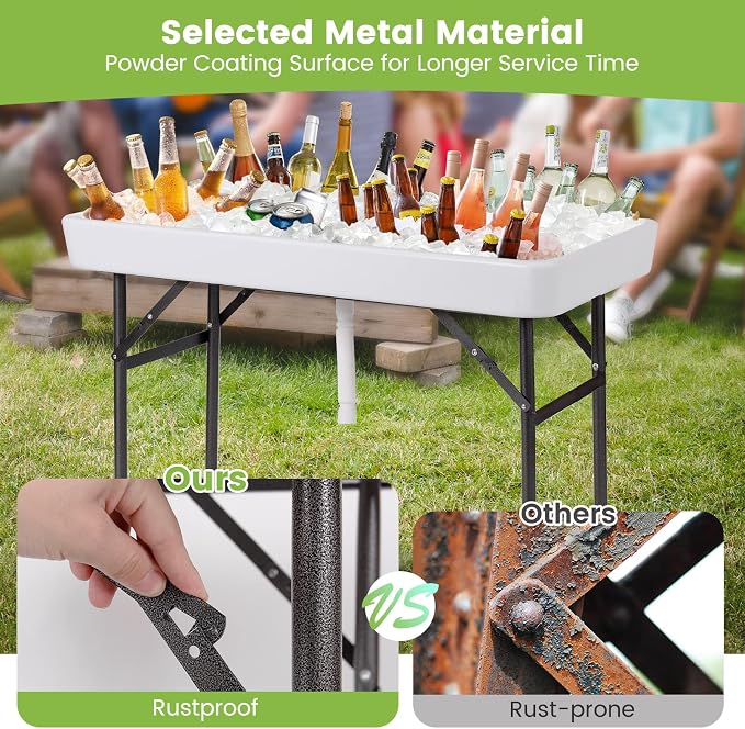 Folding Ice Cooler Table with Drain & Removable Matching Skirt, No Assembly Outdoor Cooler Side Tables, Beverage Fill and Chill Tables, Portable Ice Table for Party BBQ Camping Wedding