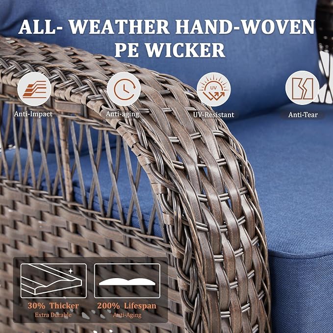 Patio Furniture Set with Fire Pit Table - 6 Pieces All-Weather Wicker Outdoor Furniture with High Back Swivel Chairs Set of 2 Outdoor Couch for Deck Balcony Backyard Blue