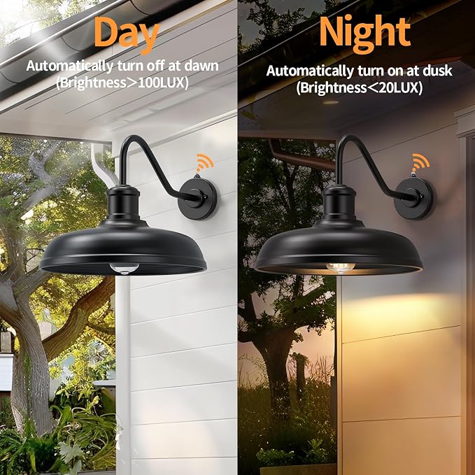 16 Inch Dome Dusk to Dawn Gooseneck Barn Light Outdoor, Black | Large Farmhouse Exterior Lighting Fixture, Industrial Outdoor Wall Sconce Outside Lantern for House, Porch, Garage