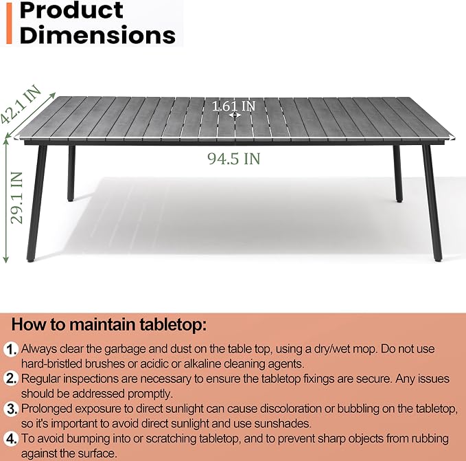 Pellebant 95" Patio Outdoor Dining Table for 8-10, Weather-Resistant Aluminum Frame with Wood-Grain Top & Umbrella Hole for Deck Gatherings, Grey