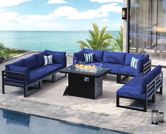 NICESOUL 9 Piece Large Modern Aluminum Outdoor Patio Furniture Set with Fire Pit Table Propane/Gas, 29" Wide Deep Seating, No Rust Sectional Sofa, 500 lbs Sturdy Backyard Conversation Set, Navy Blue