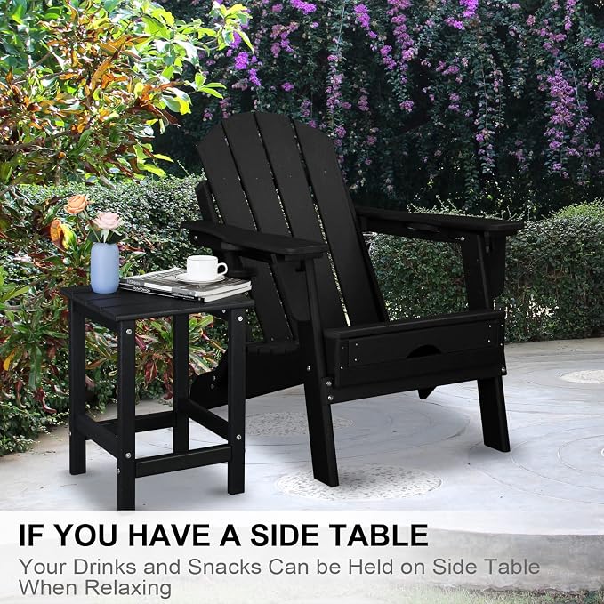 Adirondack Side Table - Waterproof & Colorfast HDPE Plastic with Square Slatted Top, 14x14x18.5 in, Black