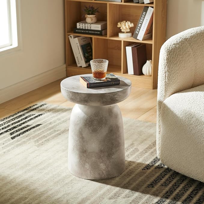 Morden Fort Modern Concrete Round Side Table with Stone-Look Finish, 18" Multifunctional Round End Table Table for Living Room, Bedroom, Balcony, Waterproof Stool for Indoor Outdoor Use