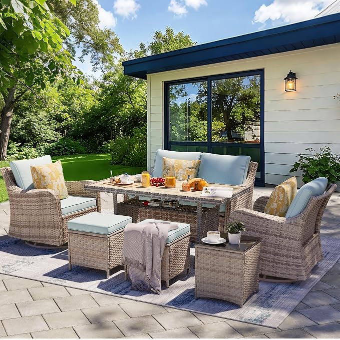 MEISSALIVVE 7 Pieces Outdoor Patio Furniture Set with Swivel Chairs, Wicker Patio Conversation Set, Patio Sectional Furniture Set with with Loveseat, 2 Ottomans and Dining Table (Blue)