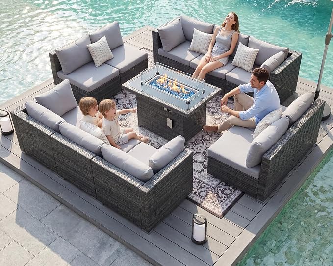 BULEXYARD 11 Piece High Back Outdoor Patio Set with Firepit, Extra Large Backyard Furniture Sectional Couch 10-Seater Modular, XL Big Wide Deep Outside Seating Area for Exterior, Light Grey