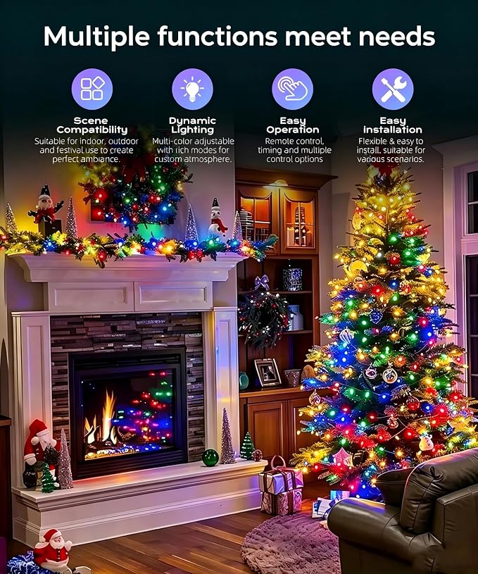 99ft 100 LED Christmas Fairy Lights, 8 Modes Remote Timer,Multicolor | Vivid red, green, blue & yellow glow for indoor or outdoor use; perfect for bedroom, Halloween tree & party decor.