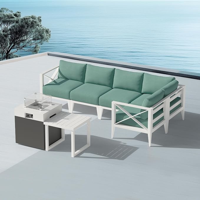 5-Seat Aluminum Patio Conversation Set with Corner Sofa & 37,000 BTU Fire Pit Table, All-Weather Outdoor Sectional Furniture with Glass Wind Guard – White for Balcony, Backyard, Garden