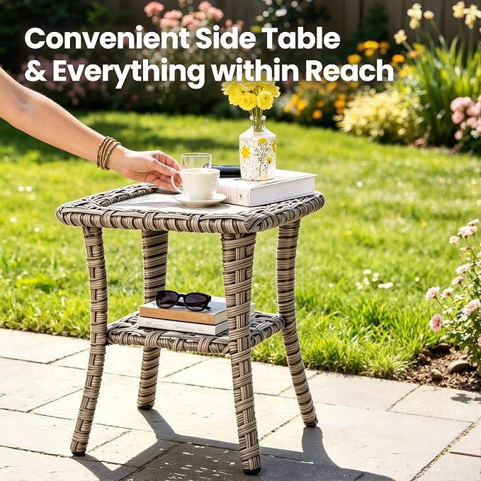 8-Piece Wicker Outdoor Sectional Furniture with Firepit Table, Wide Armrest Patio Couch Set Swivel Rocking Chair Ottoman, Modern Modular Conversation Sets for Backyard Deck Garden, Denim Blue