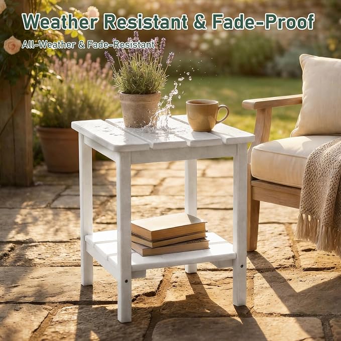 Furnimart Adirondack 2-Layer Square Outdoor Side Table, Extra-Thick HDPE Weather-Resistant Small Patio Table, White Outdoor End Table for Garden Balcony Yard Deck Poolside(White)