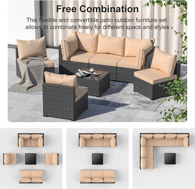Patio Furniture Set, 7PCS Outdoor Sectional PE Rattan Patio Conversation Set w/Thickened Cushion Modular Wicker Patio Sofa Set w/Coffee Table for Balcony, Backyard(Coffee)