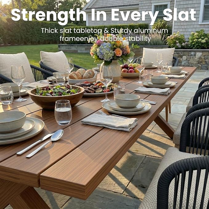 7-Piece Patio Dining Table Sets, Woven Wicker Dining Set with Rectangular Aluminum Table and Dining Chairs Modern Outdoor Dining Furniture Set for Outdoors and Indoors