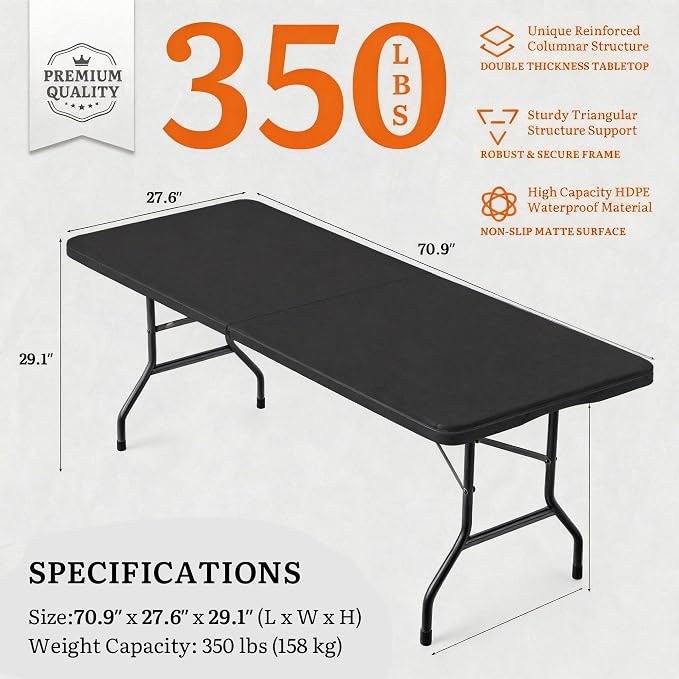 DWVO 6FT Folding Table, Heavy Duty Folding Tables with Carrying Handle, HDPE Fold up Table for Outdoor Camping Picnic Parties, Indoor Events, Black