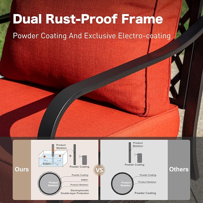 SUNSHINE VALLEY 4 Piece Metal Outdoor Patio Furniture Sets, Patio Conversation Sets 1 Loveseat, 2 Rocking Sofa with 5.75" Extra Thick Cushion and Coffee Table, Balck Frame Backyard Furniture, Rust Red
