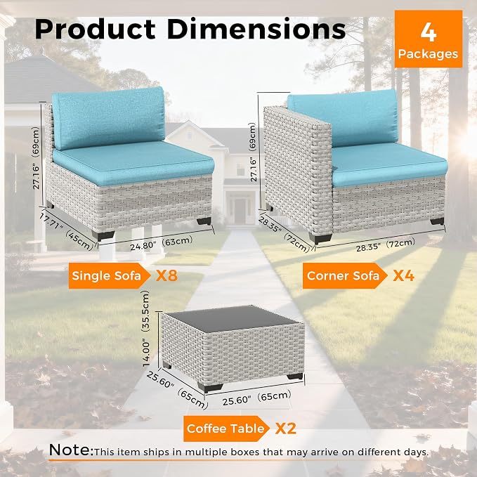 12-Seat Modular Patio Furniture Set – Outdoor Wicker Sectional Sofa with Thick 4″ Cushions, Dual-Strand PE Rattan, Rust-Resistant 18 mm Steel Frame, Backyard Garden Deck Lounge,Blue