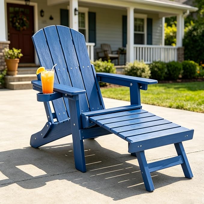 Outdoor Foldable Adirondack Chair with footrest,Patio Recliner,3-Level Adjustable Backrest,Hidden Ottoman,Ergonomic Design,Ideal for Patio,Camping, Pool Use.(Blue)