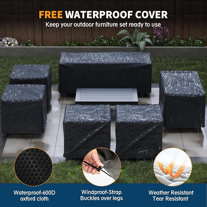 UDPATIO Aluminum Patio Furniture Set, Modular Oversized Outdoor Sectional of Olefin 5 inch Thick Cushion, Coffee Table and Waterproof Cover, Patio Conversation Sets for Porch, Deck