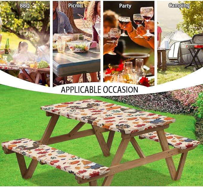 Thanksgiving Picnic Table Cover with Bench Covers, Beach Waterproof Outdoor Table Cover, Picnic Table Covers with Elastic Suitable for Thanksgiving Decoration