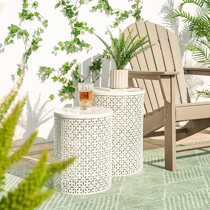 Glitzhome Outdoor Side Table Set of 2, Decorative Garden Stool for Patio, Heavy Duty Metal Frame Accent Table Modern End Table, Cream White | Decorative Garden Stool