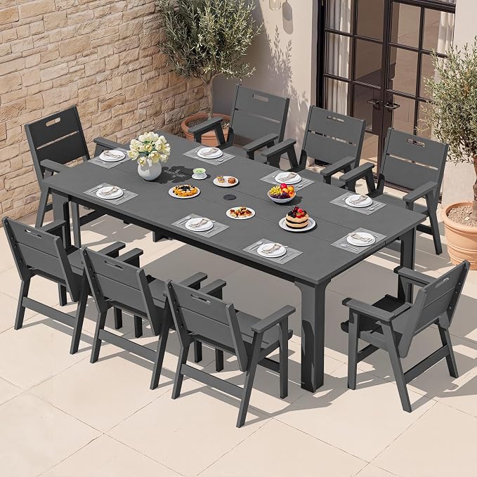 SERWALL 9-Piece HDPE Outdoor Patio Dining Set, All-Weather Rectangular Table with Umbrella Hole & 8 Arm Chairs, Weather Resistant Heavy Duty Outdoor Furniture for Backyard, Deck, Garden, Gray