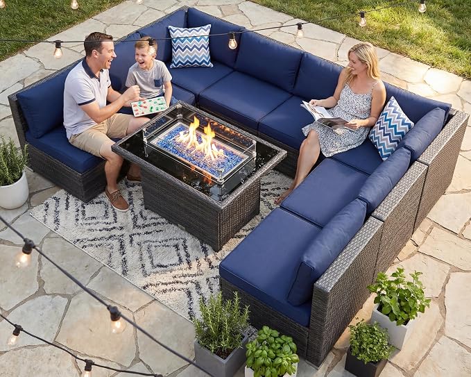 RADIATA 9 Piece Wicker Patio Furniture Set with Fire Pit, All-Weather Outdoor Sectional Couch High Back Large Size, Modular Backyard Seating Sofa Set with Propane/Natural Gas Firepit Table, Grey&Blue