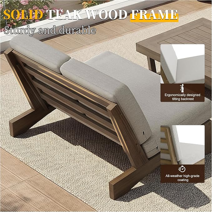 7 Pieces All Weather Wood Patio Furniture Sets, 2 Patio Loveseat, 4 Patio Bistro Chair, Outdoor Sectional Sofa Furniture Backyard Conversation Set with Coffee Table - Light Camel