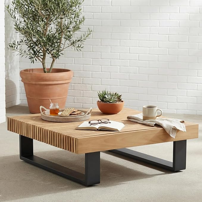 OTSUN Outdoor Coffee Table, Square Patio Dining Table with Teak Wood Slatted Top & Aluminum Frame Low Profile Patio Table for Backyard Poolside Balcony
