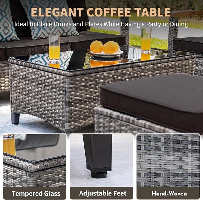 MEISSALIVVE 8 Pieces Patio Furniture Sets,Wicker Patio Conversation Sets with 2 Wood Armrests Swivel Glide Chairs, Outdoor Couch, Loveseat for Deck Yard and Poolside (Black)