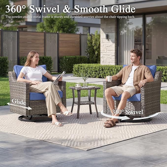 Luxury Patio Furniture Chairs Set - 2 Pieces All Weather Wicker Outdoor Couch and High Back Swivel Rocker Patio Chairs for Deck Yard and Poolside Gray Wicker | Blue Cushions