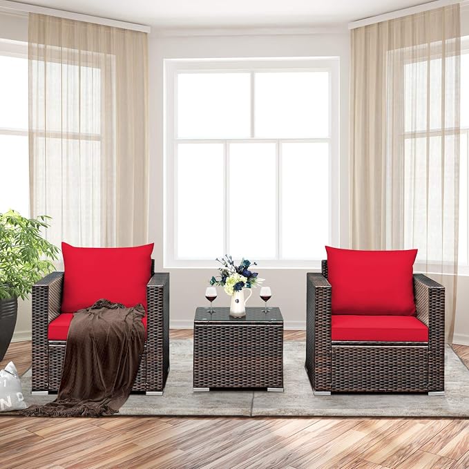 RELAX4LIFE 3-Piece Wicker Bistro Set - Outdoor Patio Rattan Sofa Set w/Washable Cushions & Tempered Glass Coffee Table, Conversation Furniture Set for Backyard, Porch, Garden & Poolside (Red)