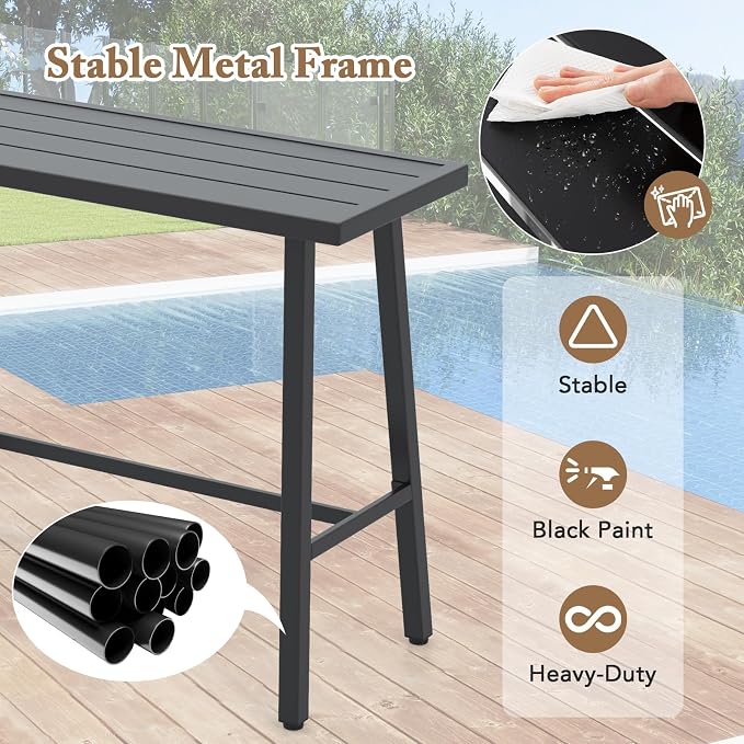 HAPPYGRILL Outdoor Bar Table Metal Frame Rectangle Dining Table Accommodates 4-6 People, Outdoor Bistro Table Patio Pub Table with Foot Pedal, Adjustable Foot Pads for Backyard, Porch, Deck