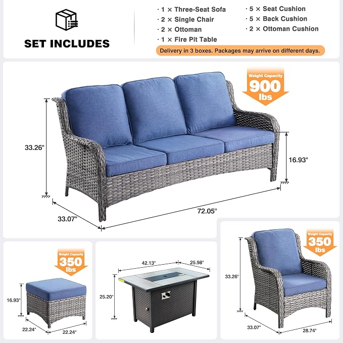 ovios 6-Pieces Patio Furniture Set with 42" Fire Pit Table, Outdoor Wicker Sofa Couch Ottomans Comfy Cushions, High Back Modern Conversation Set, Grey Rattan, Denim Blue