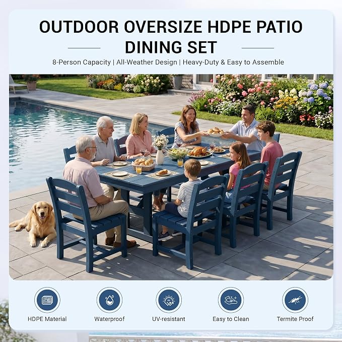 KINGYES 8-Seat Outdoor Patio Dining Set,84 inch HDPE Rectangular Table and Chairs Set，Waterproof Furniture Set with Umbrella Hole for Backyard,Blue