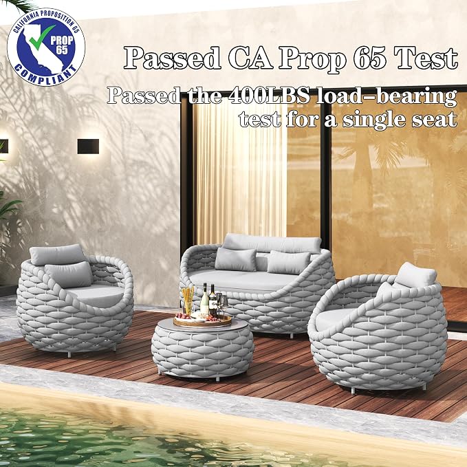 TWT Outdoor Patio Furniture Set-5 Pieces Aluminum Sectional Sofa, Metal Patio Conversation Set with Loveseat & Armchair, Textile Rope and Coffee Table, Light Grey