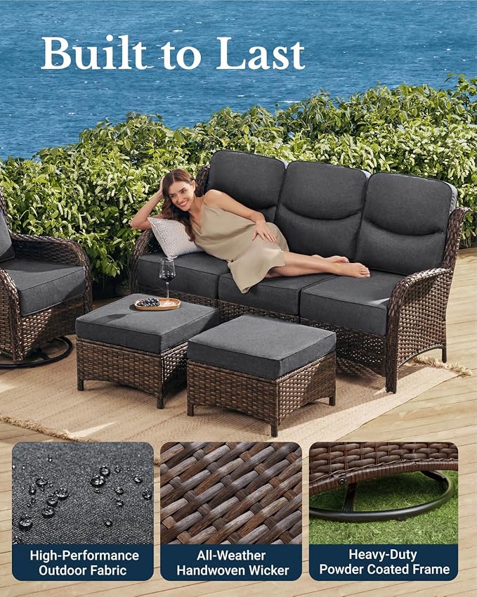HILLGA Luxury Outdoor Patio Furniture Set with 6-Inch Thick Cushions, High Back Wicker Swivel Rocker Chairs, 6Pcs All Weather Sofa Set for Large Deck, Yard and Poolside, Gray (V3)