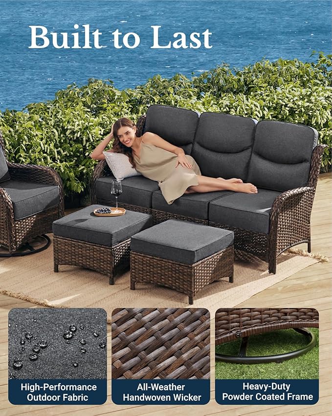 HILLGA Luxury Outdoor Patio Furniture Set with 6-Inch Thick Cushions, High Back Wicker Swivel Rocker Chairs, 6 Pcs All Weather Conversation Set for Large Deck, Yard and Poolside, Gray (V3)