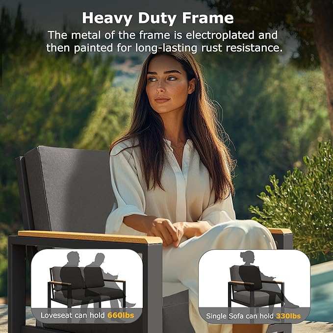 5-Piece Patio Furniture Set with 28” Propane Fire Pit Table, Heavy-Duty Metal Outdoor Conversation Set with Deep Cushions & Wood-Like Armrests for Patio, Porch, Backyard, Garden – Black