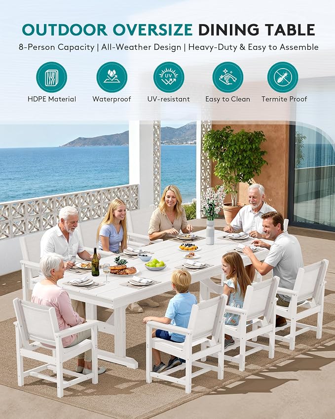 SERWALL 9 Piece 84" HDPE Outdoor Dining Set for 8 with Textilene Chairs and Umbrella Hole, White