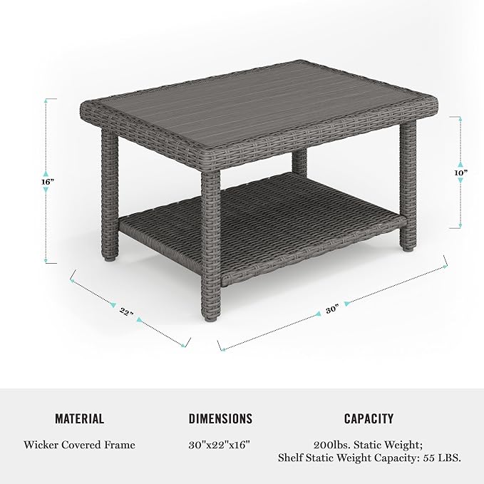 Martha Stewart Bedford Indoor-Outdoor Patio Coffee Table with Lower Shelf, Faux Wood Top, and Rattan Wicker Finish in Gray