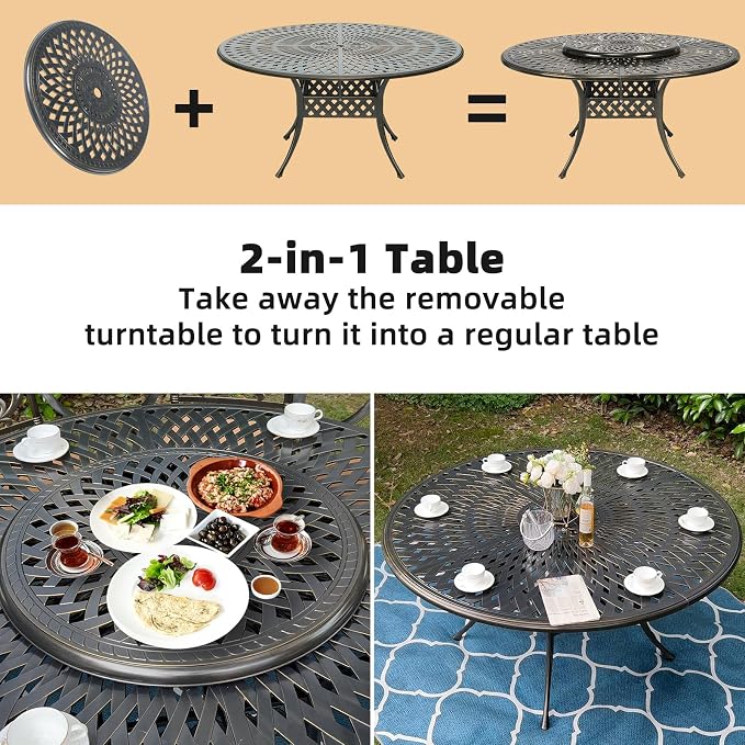 9-Piece Patio Furniture Dining Set, Cast Aluminum Outdoor Conversation Set- 61" Round Patio Dining Table with Detachable Lazy Susan & 8 Cushioned Swivel Rocker, Umbrella Hole, Navy Blue